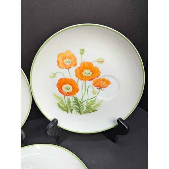 Norleans Japan 8 1/4 " Snack Plate Orange Poppy Flower Design Set of 3 No Cups - Picture 4 of 8